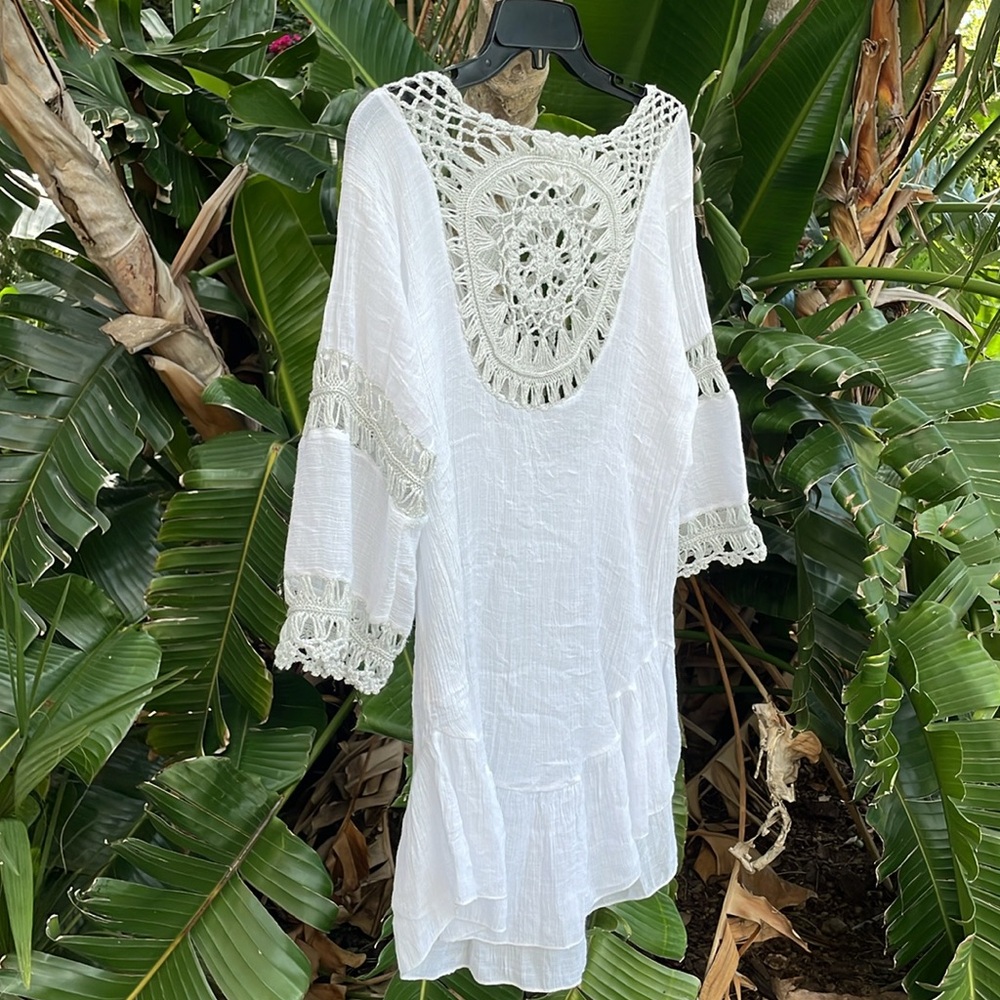 Silver, crochet and gauze, BoHo top or swimsuit cover-up